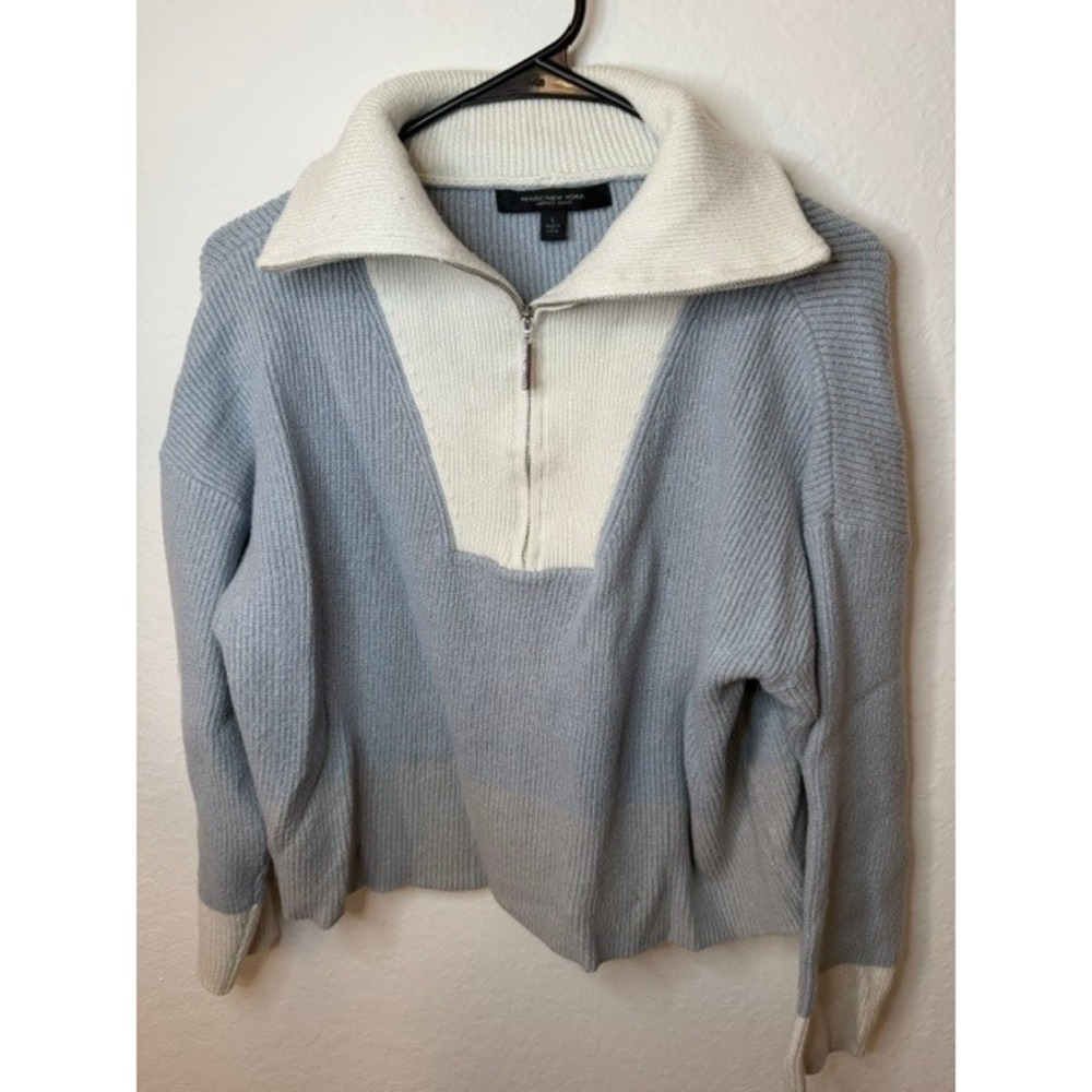 Marc New York Womens Blue Cream Colorblock Ribbed Quarter Zip Sweater